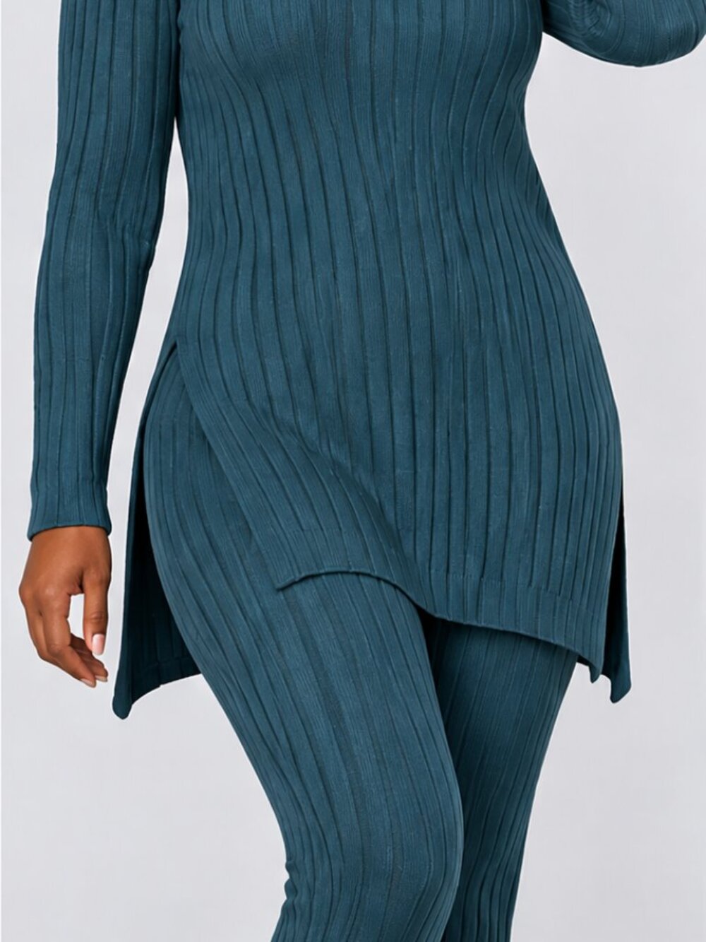 Ribbed Knit Tunic & Pants Two-Piece Set – Teal Blue